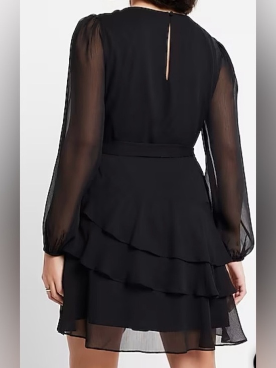 Express Dress | Long Sleeve Tie Waist Tiered Ruffle Mini Dress | Sheer | Small - Picture 3 of 8